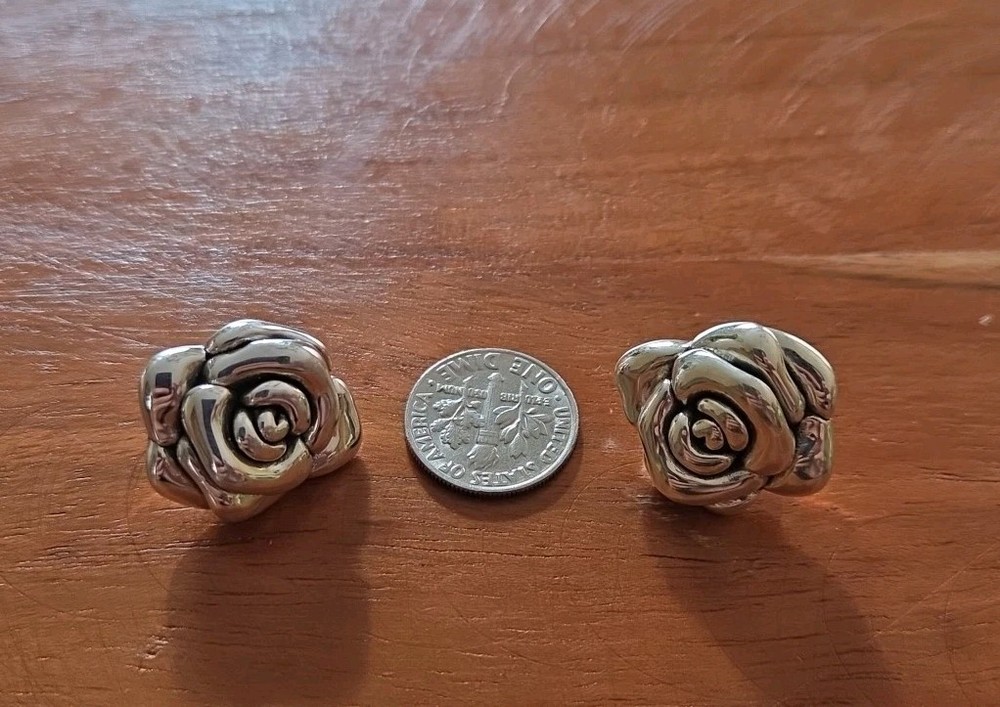 Vintage Retired 925 Sterling Silver 3D Puff Rose Flower Earrings Women New