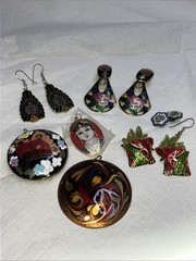 Vintage Cloisonne Butterfly Jewelry 7pc Pendants Earrings Elephant Peacock Cuff
