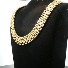 Vintage 5‑Row Panther Link Choker Necklace Gold Tone Wide Brick Mesh 1960s–1980s