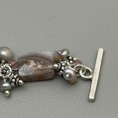 Artisan 925 Sterling Silver Banded Agate Pearl Bracelet Toggle Clasp 7″ Vintage