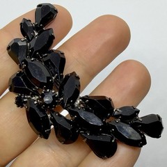 Vtg Jet Black Rhinestone Crescent Statement Gunmetal Brooch Marquise Teardrop