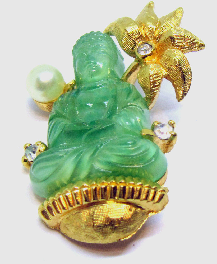 Vintage Buddha Faux Jade Glass and Rhinestone Pin