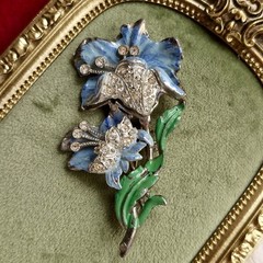 Vintage N.E. New England Glass Works Blue Enamel Flower Brooch Rhinestones 40s