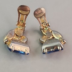 Vintage Rhinestone Clip On Earrings Blue Shield Multicolor Climber Gold Tone