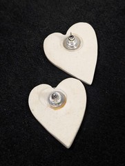 Vintage Artisan White Pink Blue Ceramic Heart Pierced Earrings Boho