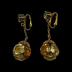 Demi Parure Caged Drop Clip Earrings & Flower Brooch Pin Topaz & Citrine Glass