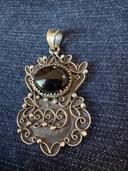 Black Onyx Cabochon Pendant Vintage Sterling Silver 925 Estate Southwestern Oval