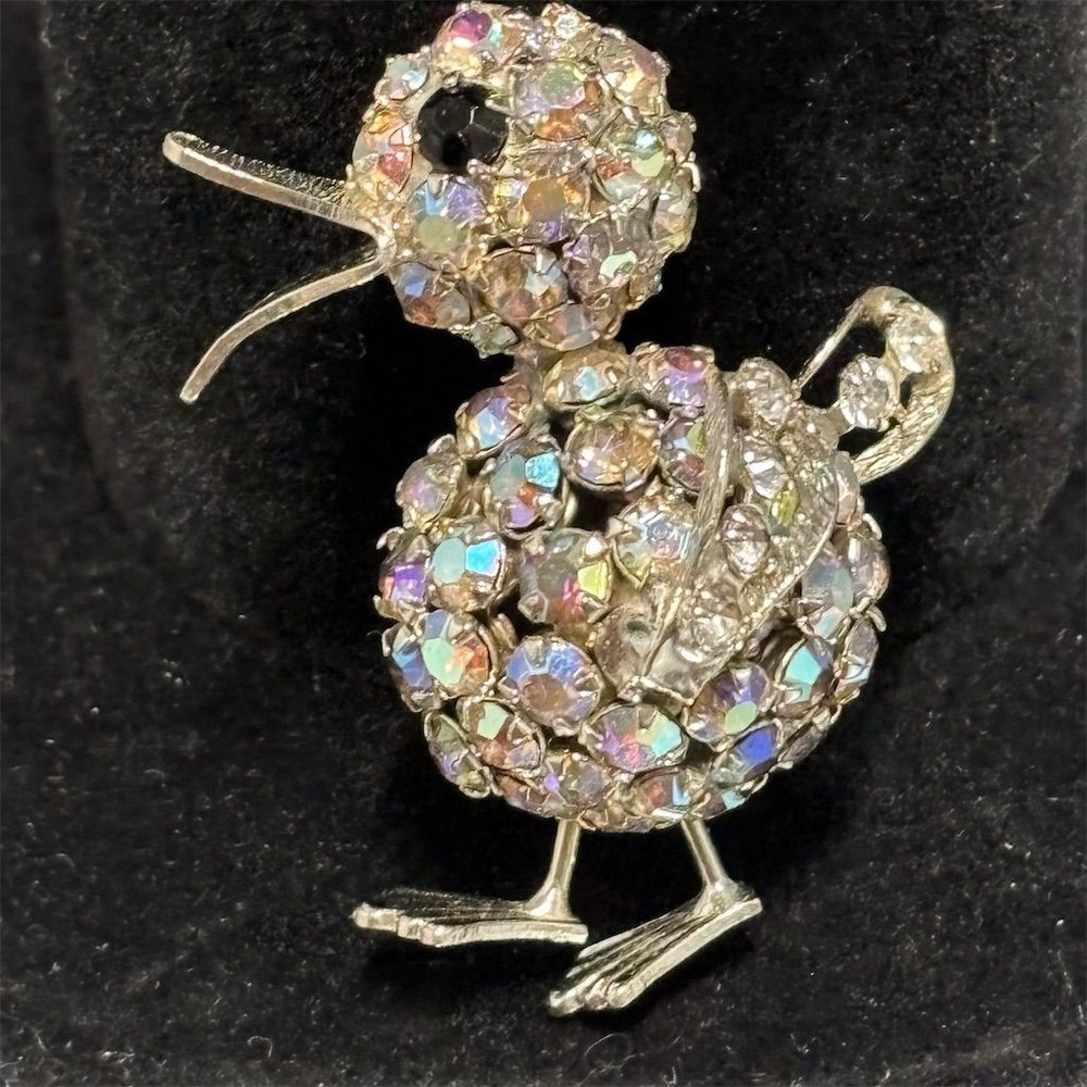 Joseph Warner Brooch Silver Tone Aurora Borealis Rhinestone Duck Bird Vintage