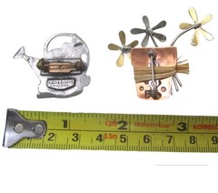 Vintage Birds & Bloom Brooch set Silver watering can Copper Flower Pot Gardening