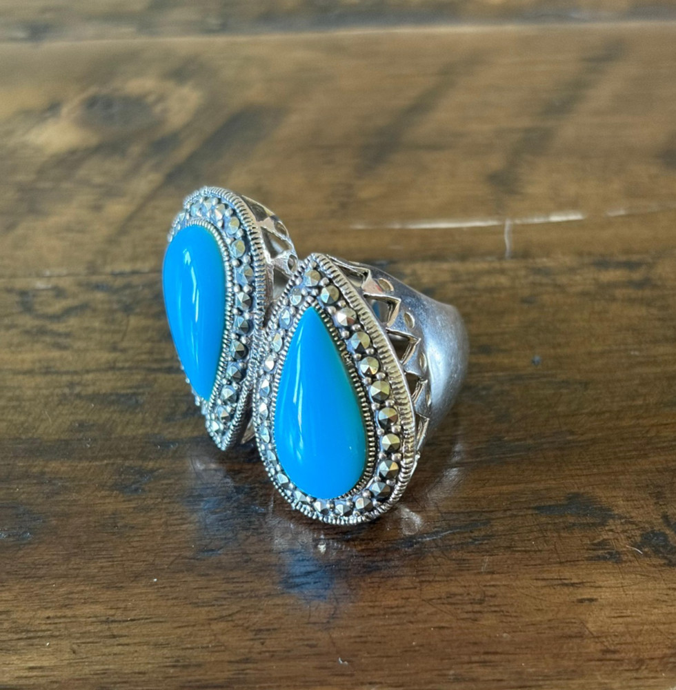 Marcasite Sterlling Silver Chunky Ring, Double Teardrop Turquoise Stone Ring