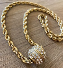 VTG Heavy 14K Gold Plated Rope Chain Crystal Pave Slide Ball Enhancer Necklace