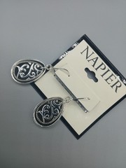 Napier Silver Tone Teardrop Filigree Drop Dangle Earrings Black Enamel Pierced N