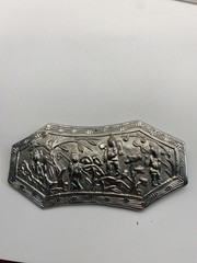 Vintage Silver Tone Scenic Brooch Pin Asian Figures Garden Floral Landscape 3 In