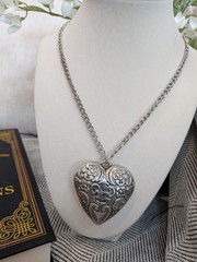 Vintage Puffy Textured Heart necklace Large Silvertone