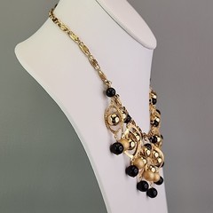 Vintage Statement Necklace Black Beaded Fringe Dangles Gold Tone Snail 16.5″