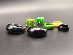 Vintage Bakelite Lot Rings Dice Earrings Black Green Butterscotch 7pc