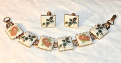 Vintage Ceramic Set Bracelet and Earrings with Flowered Tiles