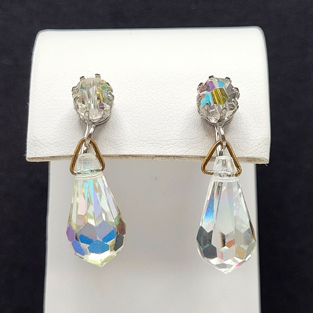 Vintage AB Crystal Faceted Teardrop Prism Drop Dangle Fancy Screw Back Earrings