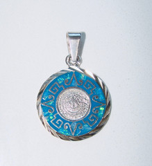 VINTAGE AZTEC CALENDAR FINE STERLLING SILVER 950 OPAL ENAMEL INLAY PENDANT