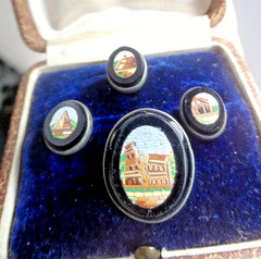 Micro Mosaic Booch & Collar Stud Button Set Italian Victorian Antique c1880s