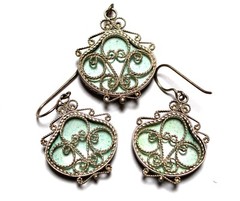 Vintage Unique Russian Enamel Hand Painted Jewelry Set Earrings and Pendant #19a