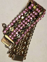 Vintage 1950s Pink & Smoky Gray Rhinestone Bracelet – Glam Statement, Gold