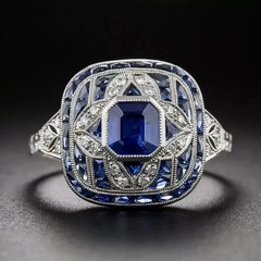 Art Deco Style Sapphire Lab Created Diamond Engagement 14K White Gold FN Ring