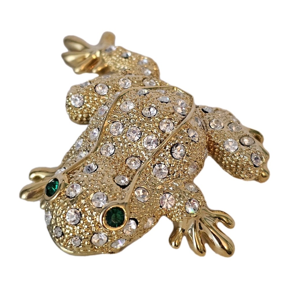 Vintage Frog Brooch Gold Tone Rhinestones Huge Statement Pin Green Eyes 3.5 In.