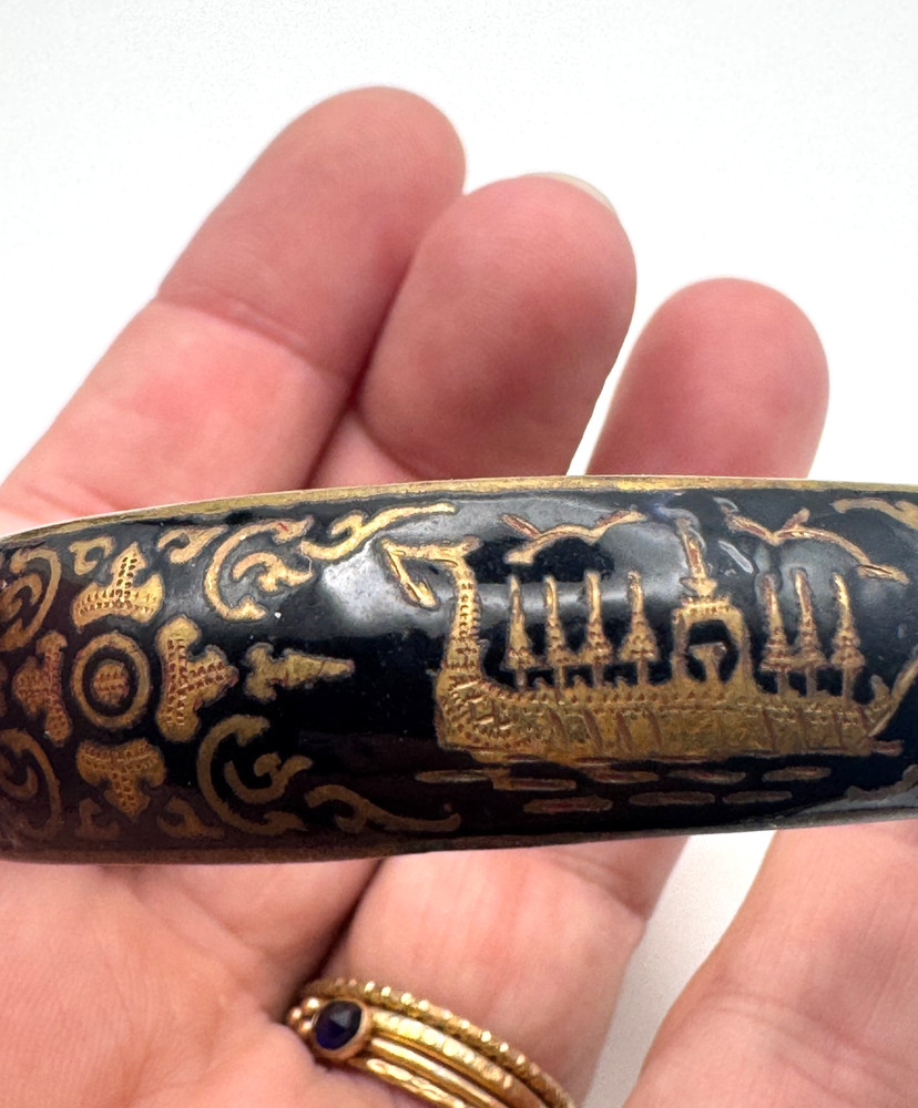 Vintage Siam Bracelet Sterling Silver Niello Enamel Bangle Longship Etched 7.25