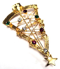 Vintage Open Wire Wrap & Multicolor Rhinestone Christmas Tree Pin / Brooch