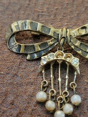 Vintage Bow Pin With Dangling Beads, 1.5 Inches, Brass?