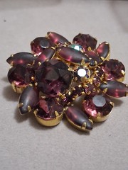 Purple plum prong set rhinestone brooch w/Aurora borealis accent stones, faceted