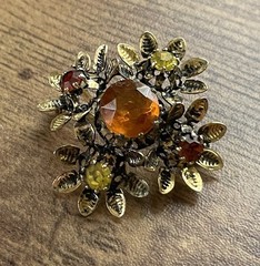 Vintage Austrian Rhinestone Brooch Autumn Orange Yellow Gold Tone Floral Pin