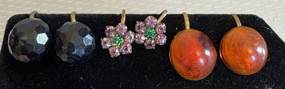 Lot 3 Pair Antique Vintage Brass Screw Back Earrings Faux Jet Amber Rhinestone
