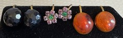 Lot 3 Pair Antique Vintage Brass Screw Back Earrings Faux Jet Amber Rhinestone