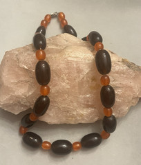 Vintage-Root Beer/Cherry Cola/Amber Orange-Carved Horn-Oval Bead-28 in Necklace