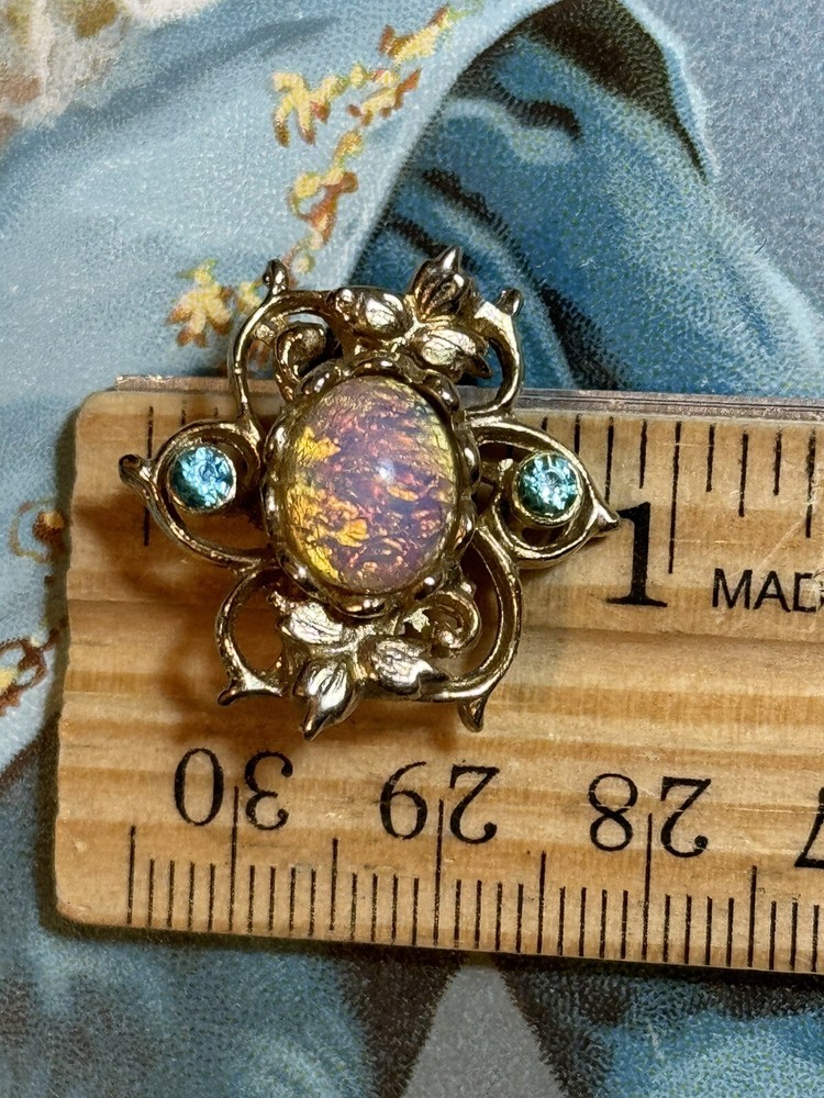 Vintage Coro Faux Fire Opal Topaz Rhinestone Gold Plated Mid century