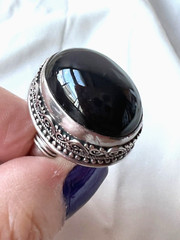 VINTAGE HUGE BLACK STAR CATS EYE MOONSTONE ? CABOCHON 925 STERLING SILVER RING