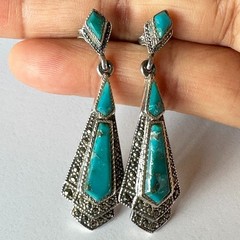 Vintage 925 Sterling Silver Marcasite Mixed Blue Turquoise Earrings Drop 4.5 cm