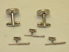 Vtg HICKOK Cufflinks Pair & 3 Stud Button Set Silver & Gray Mother of Pearl MOP