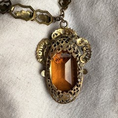 Antique Czech Amber Glass Filigree Pendant Necklace Rhinestone Chain Art Deco