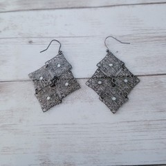 Vintage Dangle Earrings For Pierced Ears Dark Metal with Iridescent Gems