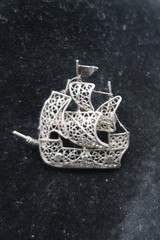 Vtg Brooch Pin Silver 800 Filigree Galleon Masted Ship Brooch Exquisite Detail