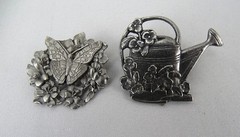 Lot of 2 Pewter ‘Birds and Blooms’ Brooches, Watering Can (2000), Butterfly 1998