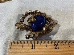 Vintage “Erwin Pearl” Signed Blue Lapis Brooch Pin 30” Erwin Goldtone Necklace