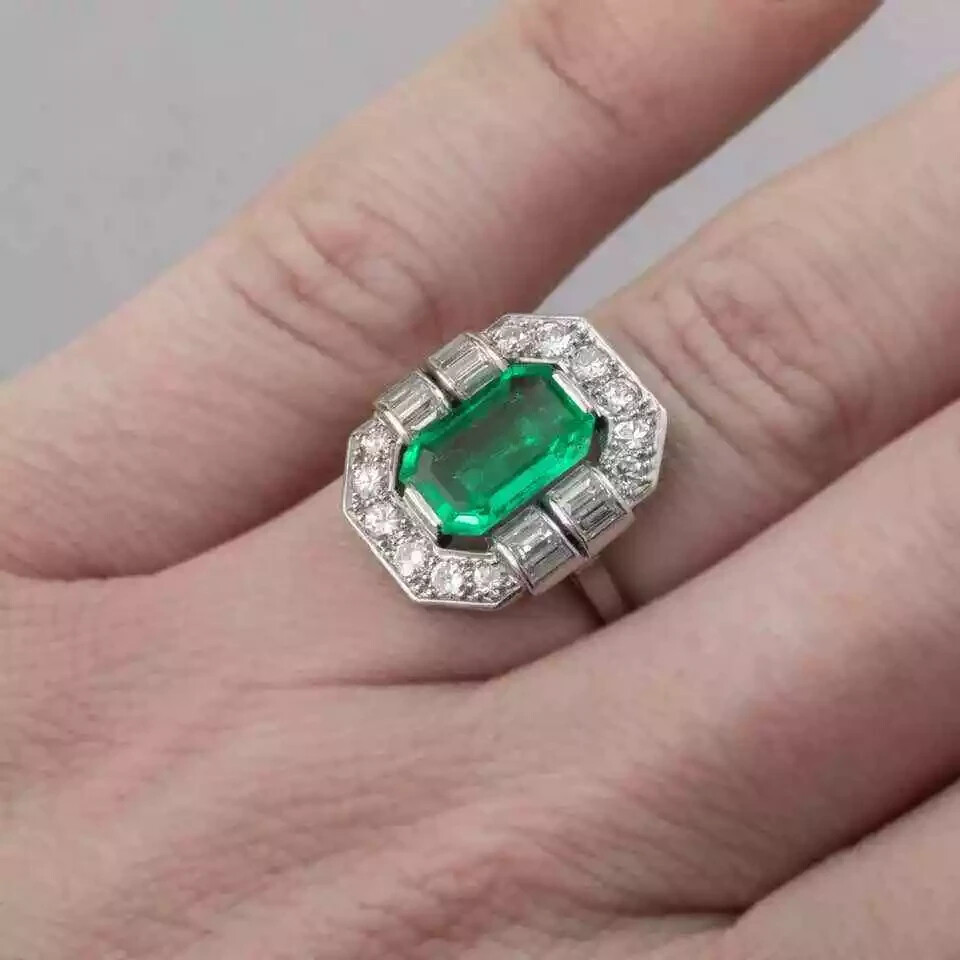 14k White Gold Finish Art Deco Style Lab Created Diamond & Emerald Wedding Ring