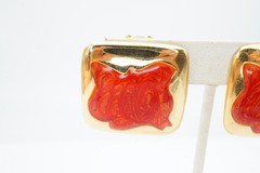 Vintage Clip On Earrings Gold Tone Red Enamel