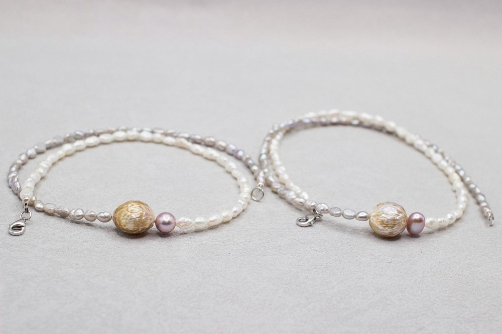 Pastel Pearl Choker Floating Carved Pearl Sterling Silver Handmade Necklace