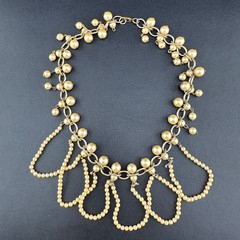 Vintage Faux Pearl Fringe Chain Necklace Gold Tone Beaded Dangle Charm Old Clasp