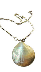 South sea mother of pearl pendant on 16″ silvertone chain with extender by Ivana